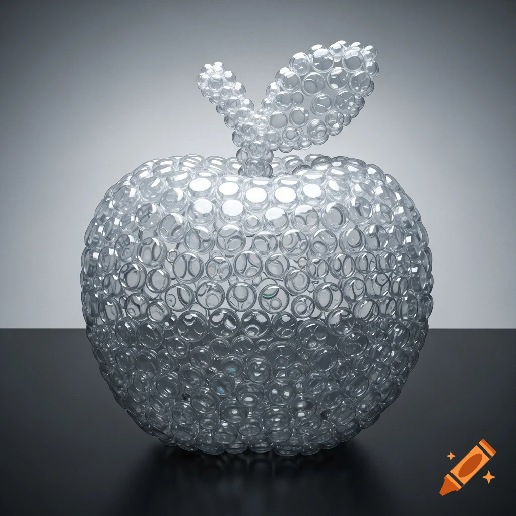 A shiny, translucent apple sculpture made entirely of clear bubbles ...