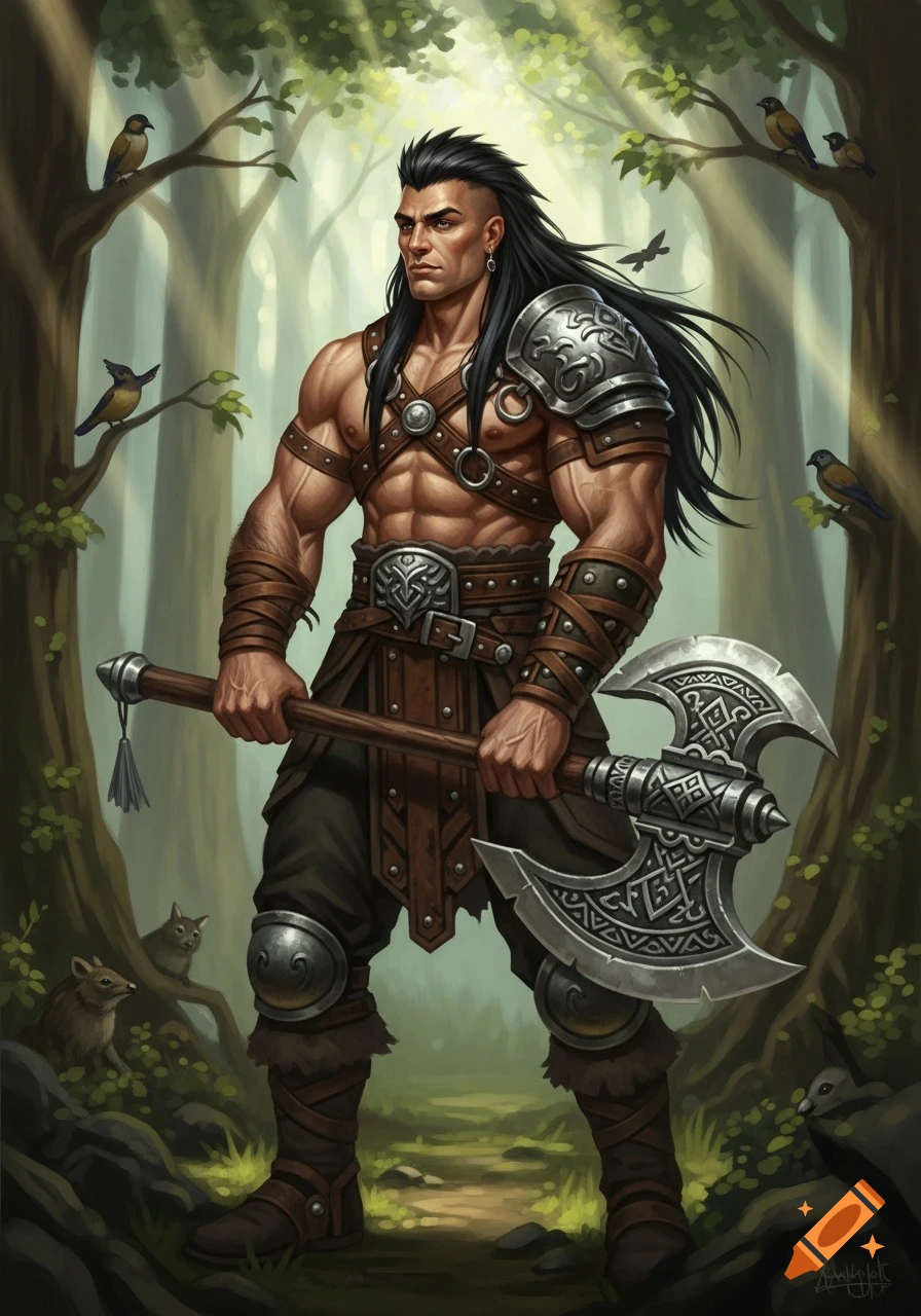 Muscular barbarian with a black mullet and double-bladed axe stands in a sunlit forest with birds and small rodents.