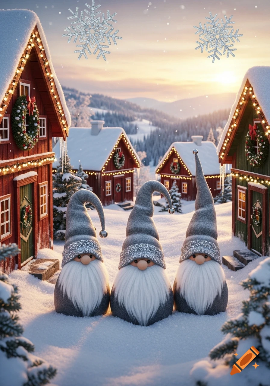 Three grey gnomes with white beards stand in a snowy village with decorated red houses and falling snowflakes at sunset.