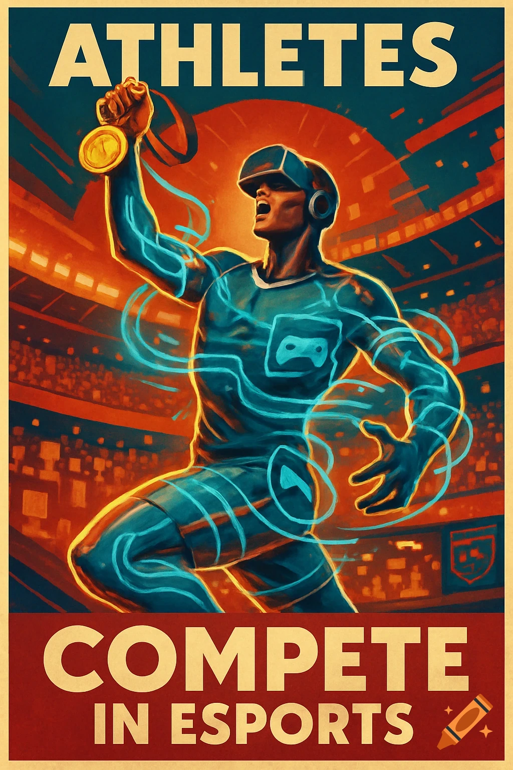 Dramatic propaganda poster showing a triumphant eSports athlete in VR gear, holding a gold medal. Text reads 'ATHLETES COMPETE IN ESPORTS'.