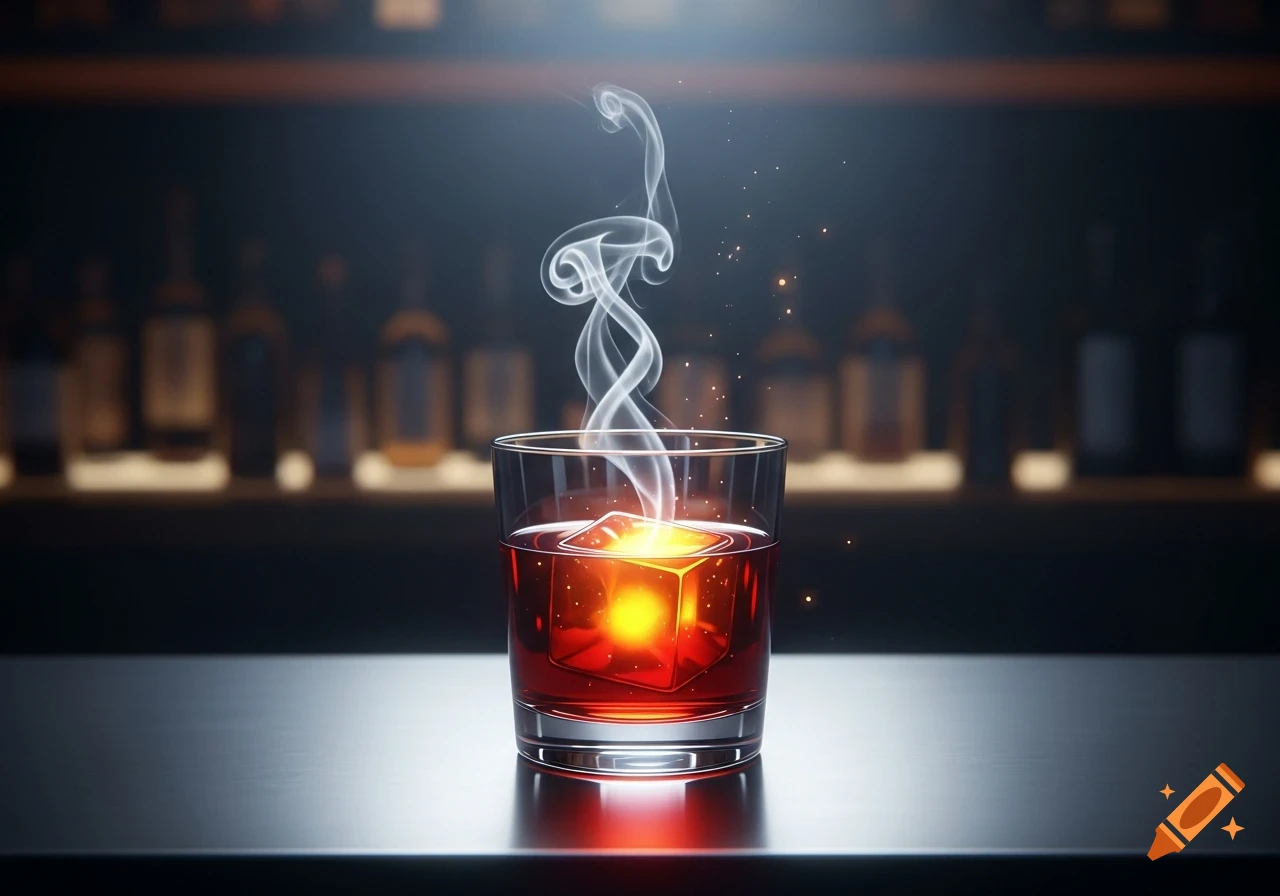 Photorealistic cinematic image of a glowing amber and red cocktail with smoke rising, on a sleek bar counter with a blurred dark background.