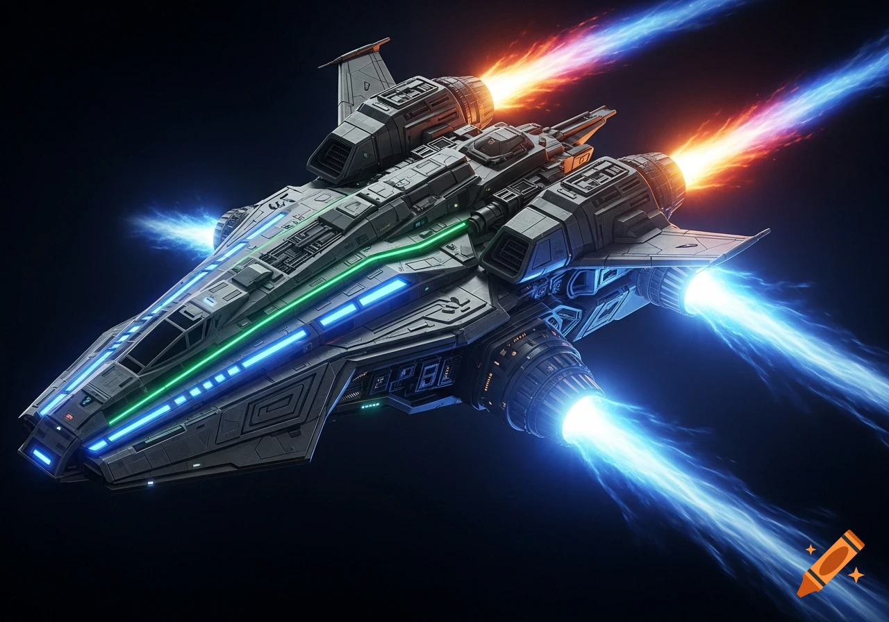A sleek, futuristic sci-fi spacecraft with multiple engines glowing blue and orange, against a dark background.