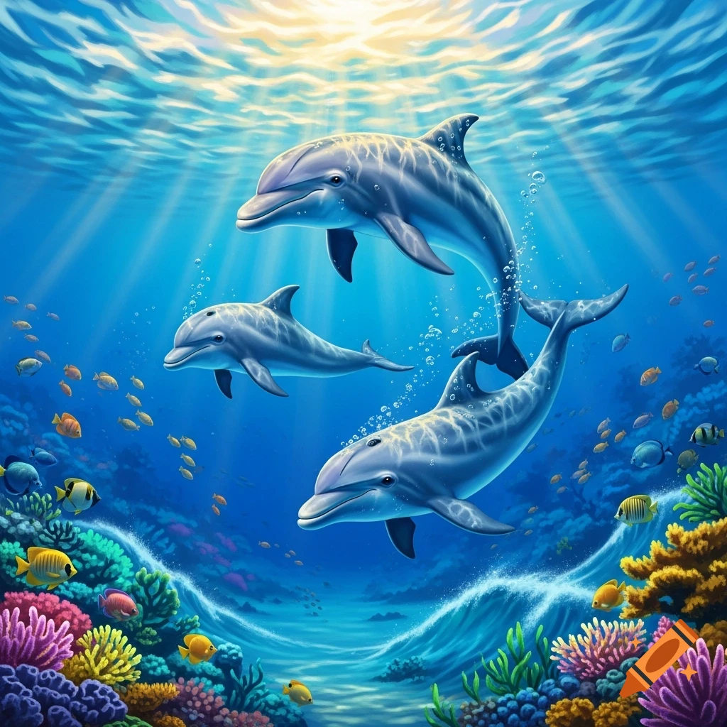 Three dolphins swim gracefully through a vibrant, sunlit coral reef filled with colorful fish.