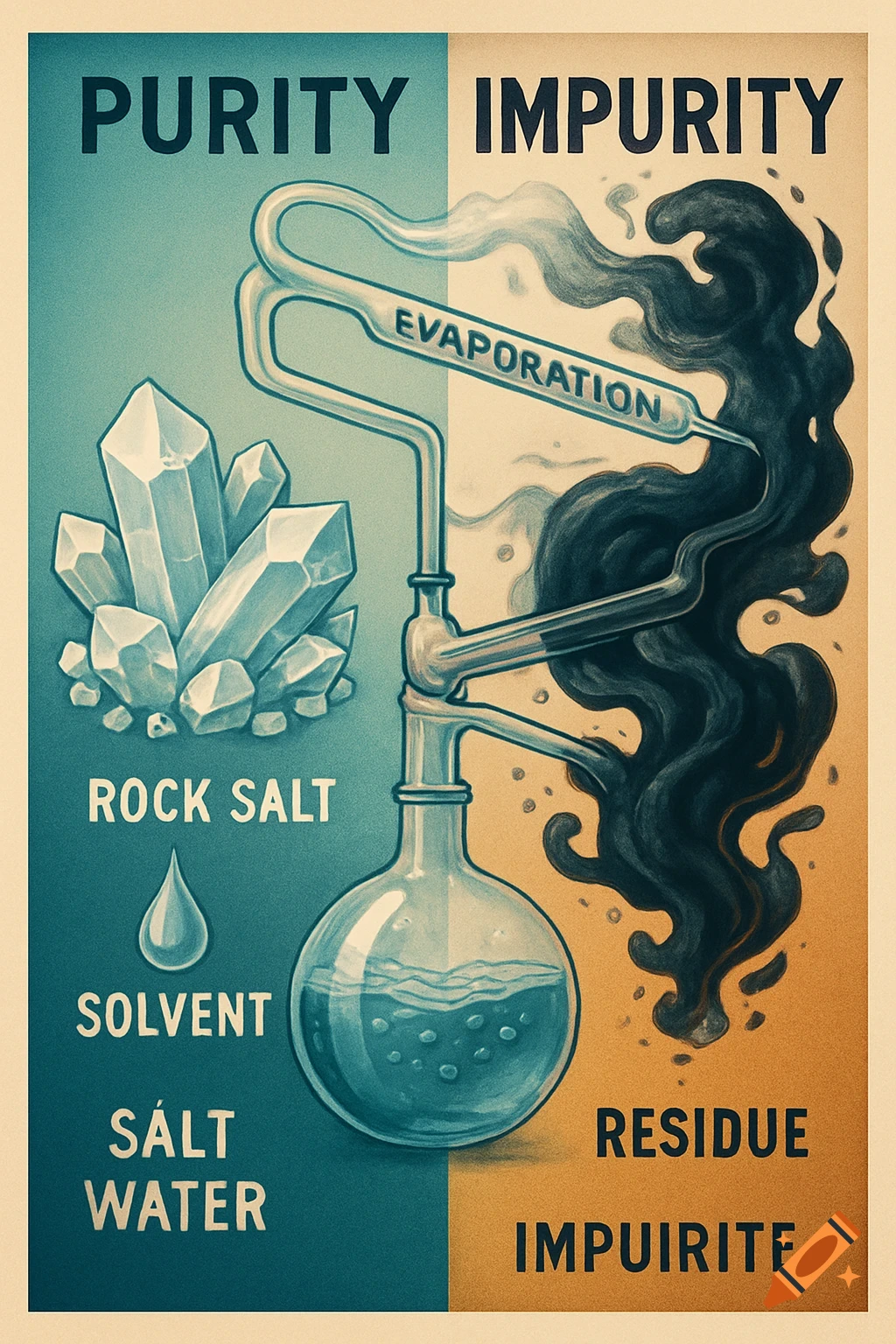 A vintage-style science poster illustrating purity and impurity in a distillation process, featuring rock salt, solvent, and water in glassware with steam.