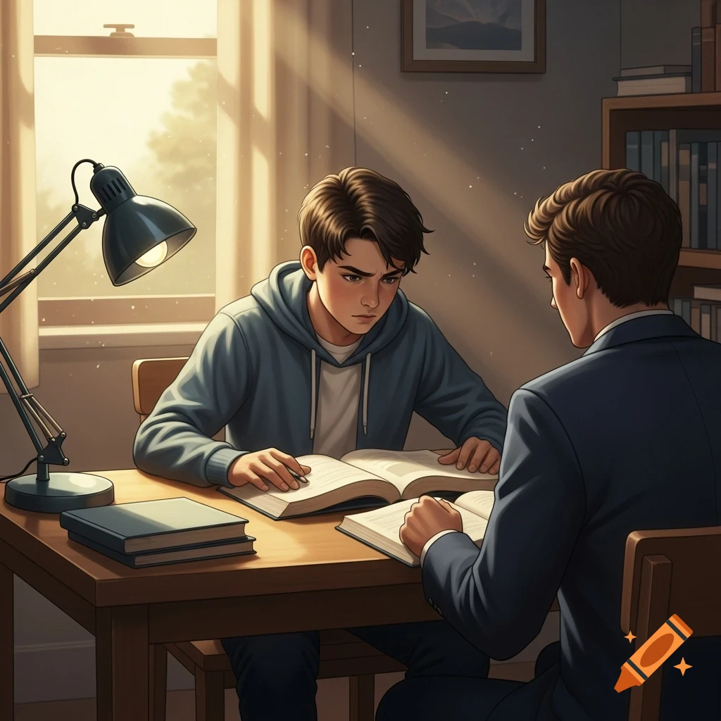 Two young men study at a desk with open books, one looking serious, in an anime illustration style.