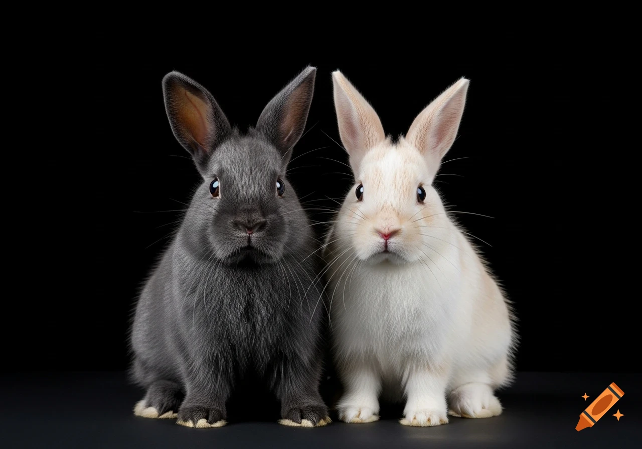 A dark gray bunny and a cream bunny sit side-by-side against a black background in a photorealistic studio portrait.