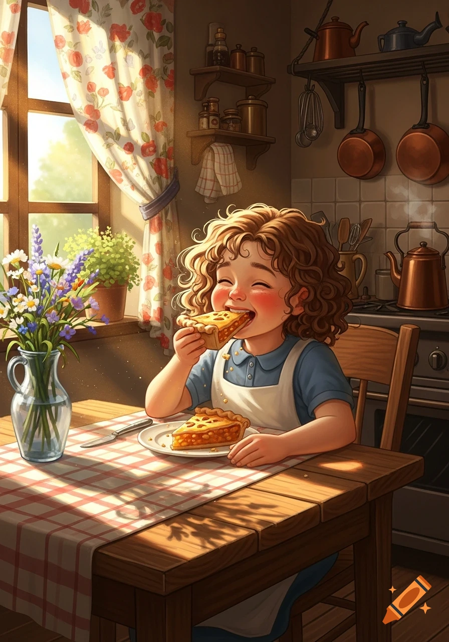 A cheerful cartoon girl with curly hair eating a slice of pie at a wooden table in a sunlit kitchen, a vase of wildflowers nearby.