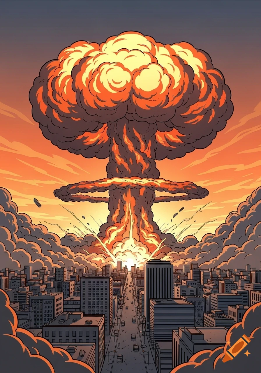 A massive mushroom cloud rises over a distant city skyline in a graphic novel style illustration, with warm orange and grey tones.