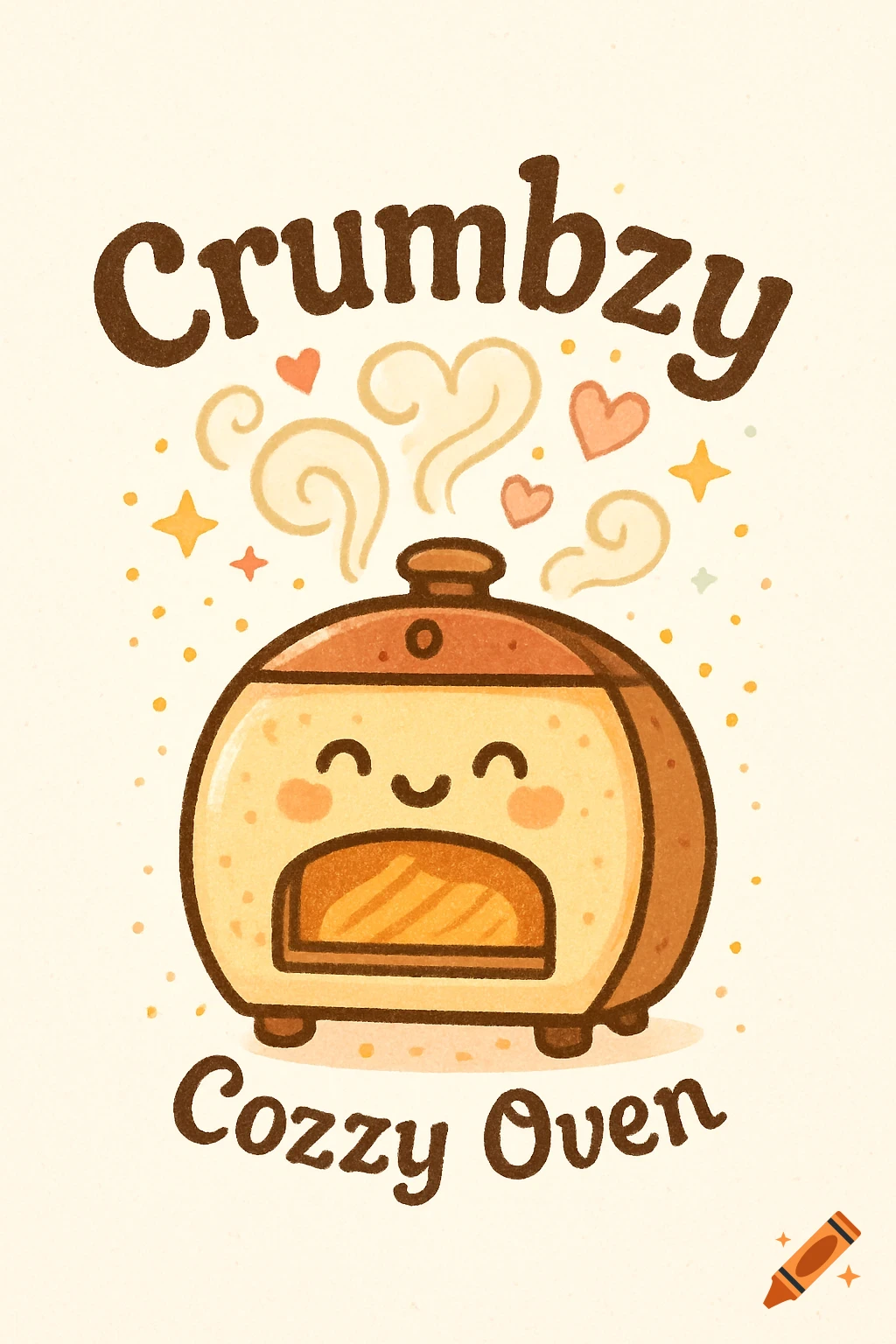 Whimsical cartoon logo featuring a smiling round oven with steam, hearts, and stars, and the text 'Crumbzy Cozzy Oven' in a hand-drawn style.