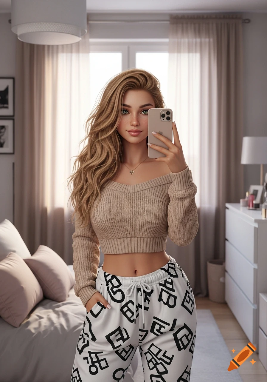 A young woman with long blonde hair and green eyes takes a mirror selfie in her room, wearing a beige crop top and patterned sweatpants.