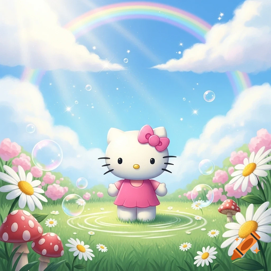 A cute cartoon Hello Kitty character in a pink dress stands in a grassy meadow with daisies, mushrooms, bubbles, and a rainbow under a blue sky.