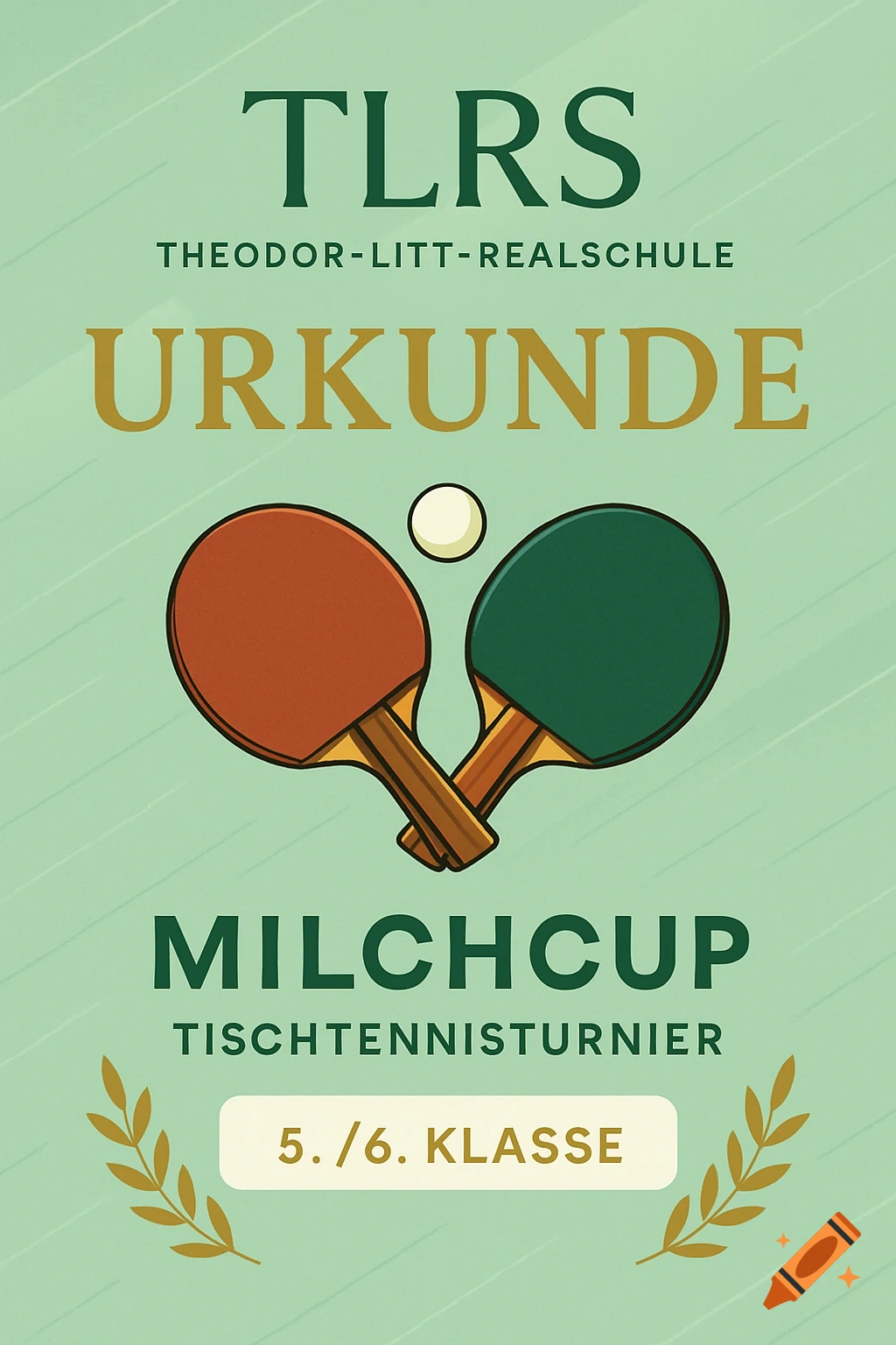 Green certificate design for a "Milchcup" table tennis tournament, featuring crossed paddles, a ball, and text.
