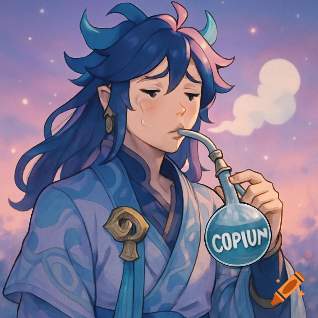 Anime character with blue and pink hair, dressed in blue traditional clothes, looking sad while smoking from a flask labeled 'COPIUM' against a starry pink sky.