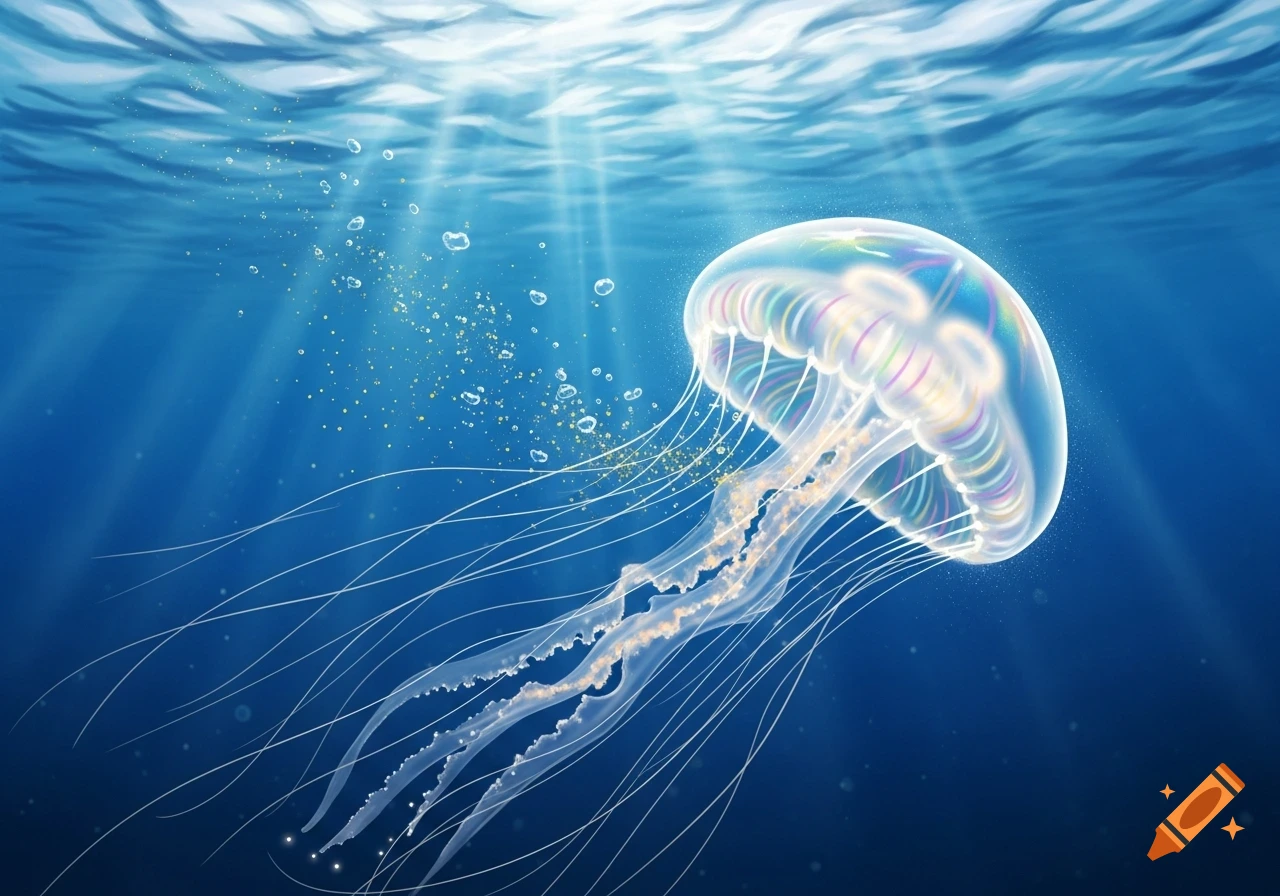 A translucent jellyfish with colorful patterns floats in deep blue water, illuminated by sun rays and surrounded by bubbles.