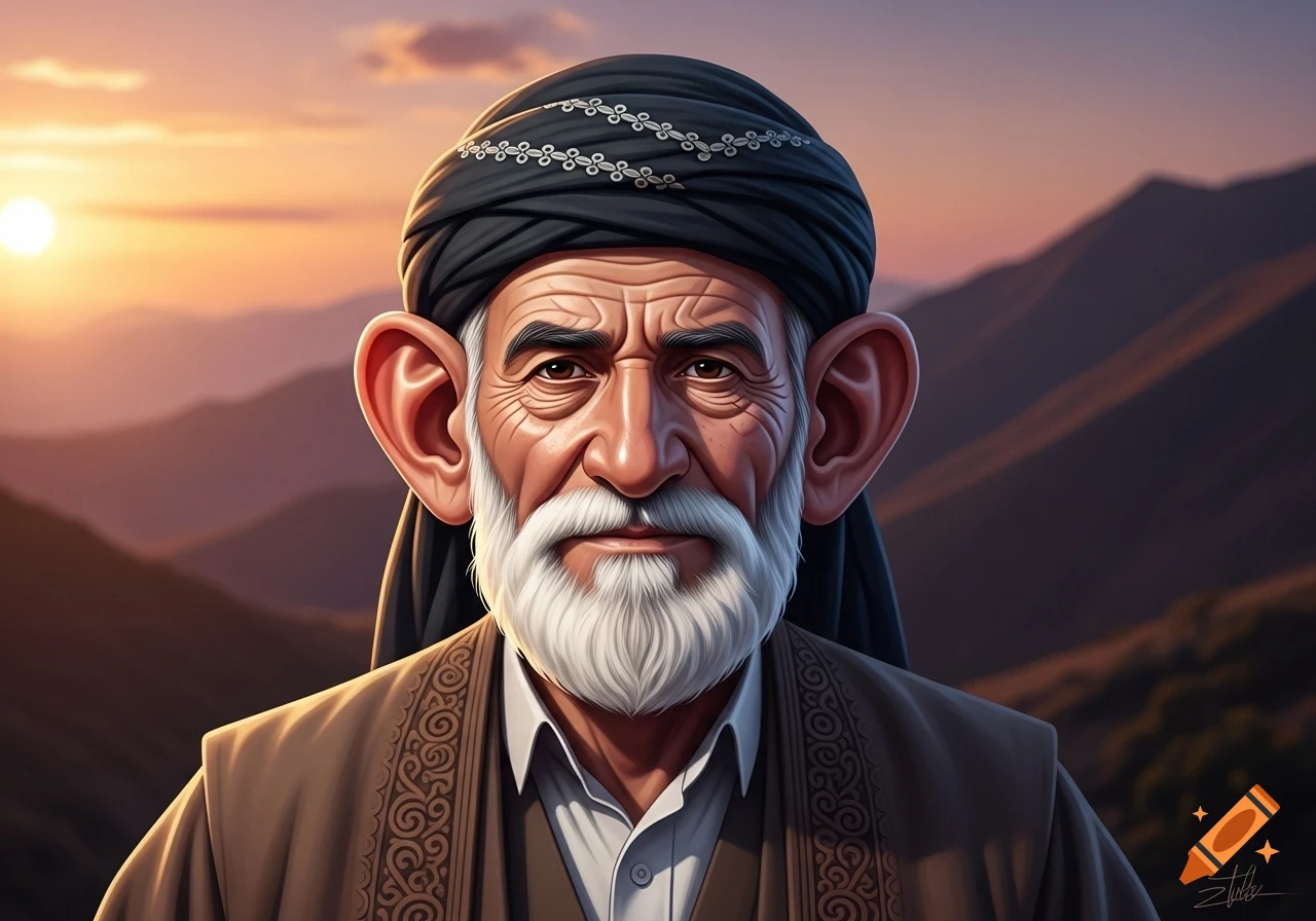Stylized portrait of an older man with a white beard, exaggerated large ears, black turban, and brown robe against a sunset mountain background.
