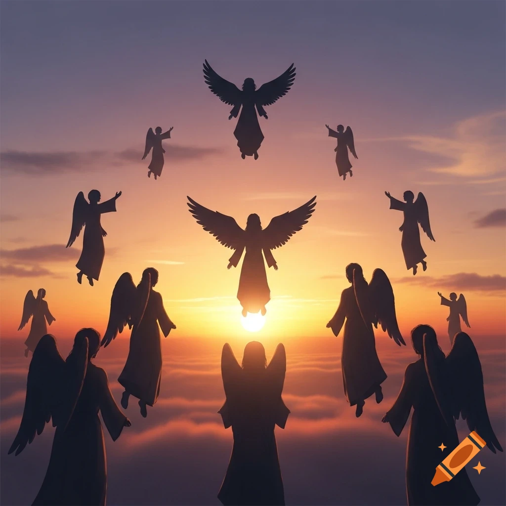 Silhouettes of angels with wings flying and standing over clouds against a dramatic orange and purple sunrise.