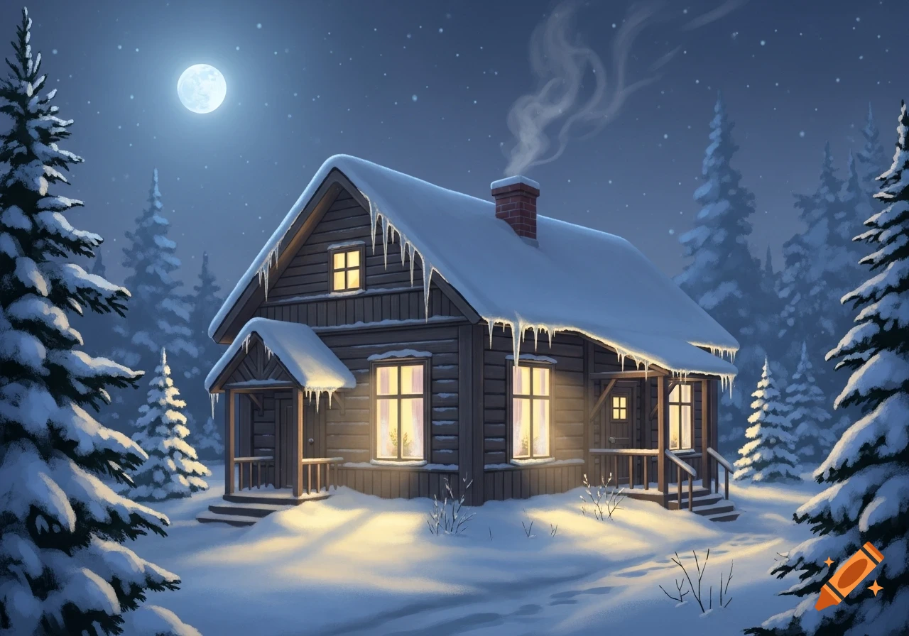 A cozy wooden house stands in a snowy forest at night, illuminated by a full moon and warm light from its windows, in an illustration style.