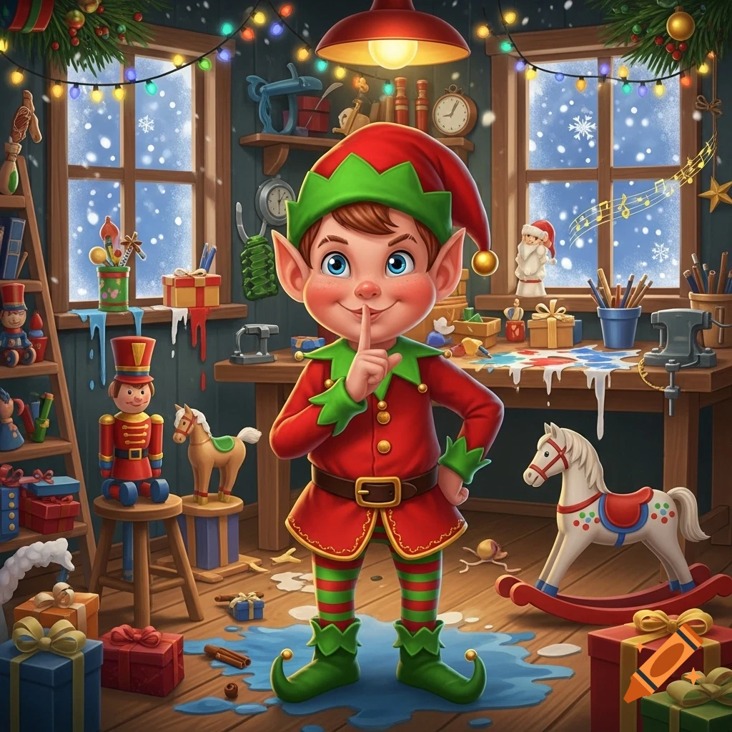 A cute cartoon Christmas elf in a festive workshop, making a 'shhh' gesture, surrounded by toys and presents.