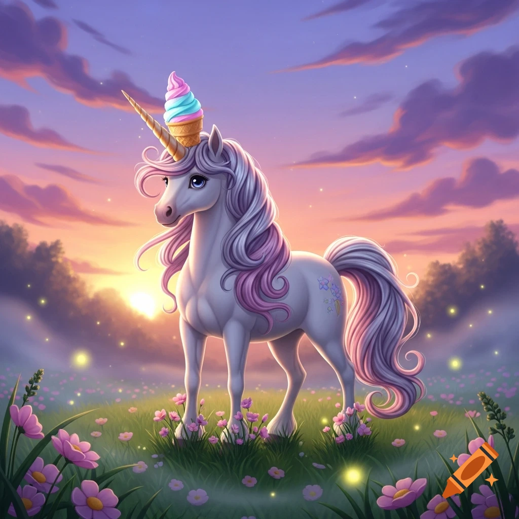 A whimsical unicorn with an ice cream cone on its horn stands in a glowing, flower-filled field at sunset.