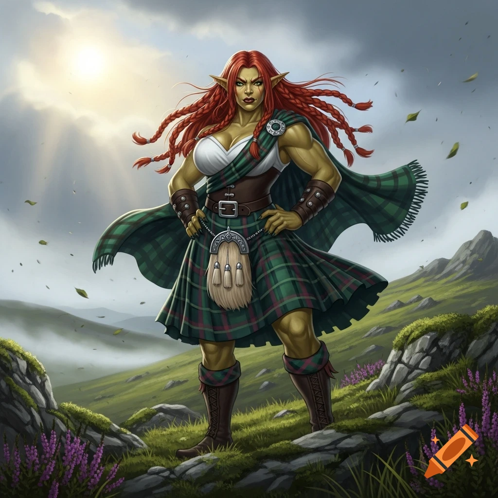 A fierce red-haired lady orc in a green tartan kilt and top, standing confidently on a rocky, grassy hill under a cloudy sky.