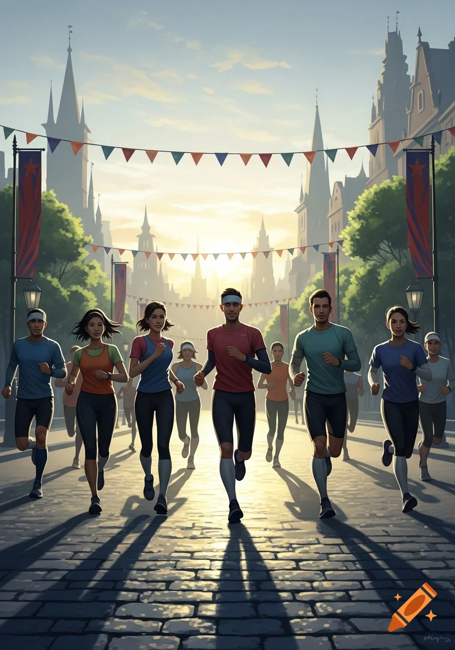 Runners participating in a race on a cobblestone street, with old European buildings and banners under a sunny sky.