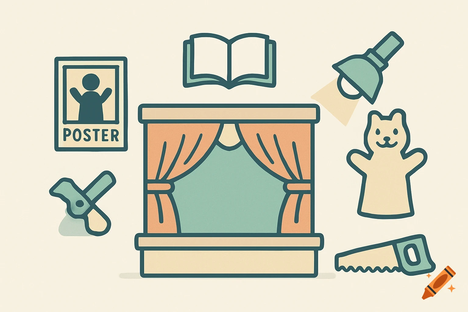 Pictograms of a puppet stage, book, poster, spotlight, cat hand puppet, saw, and a wood chisel on a cream background, in a stylized illustration.