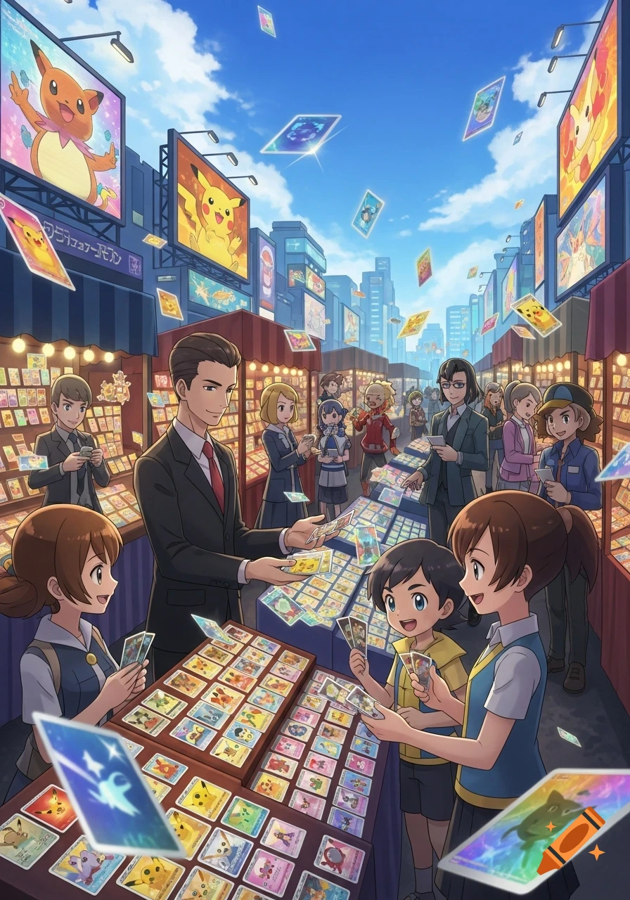 Anime illustration of a bustling street market where people trade Pokemon cards, with large billboards displaying Pokemon characters.