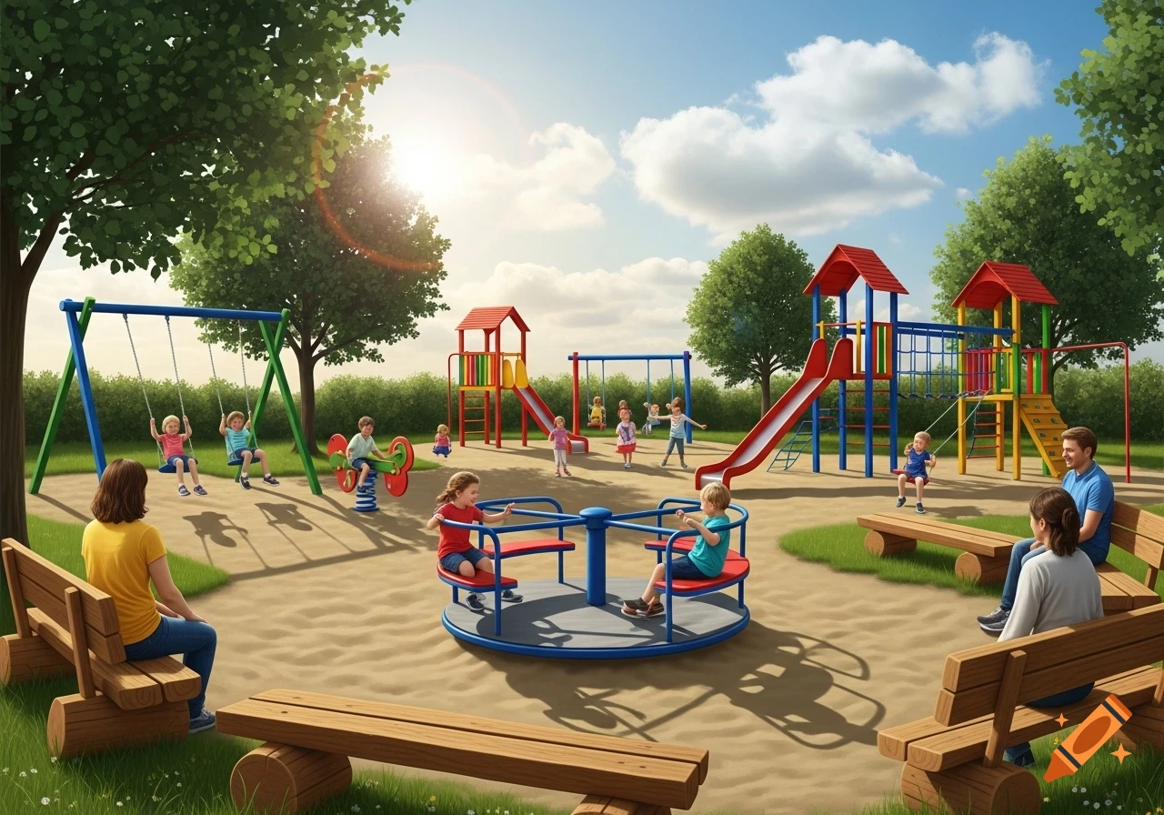 Children and adults play on swings, slides, and a merry-go-round in a bright, sunny outdoor playground, illustrative.