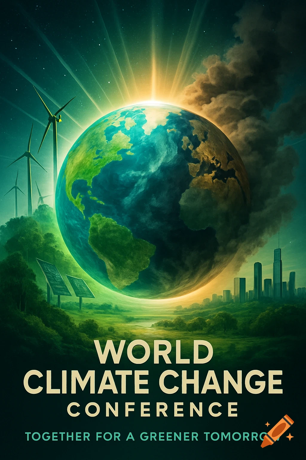 A vibrant poster with Earth, windmills, solar panels, and a city skyline, featuring 'World Climate Change Conference' text.