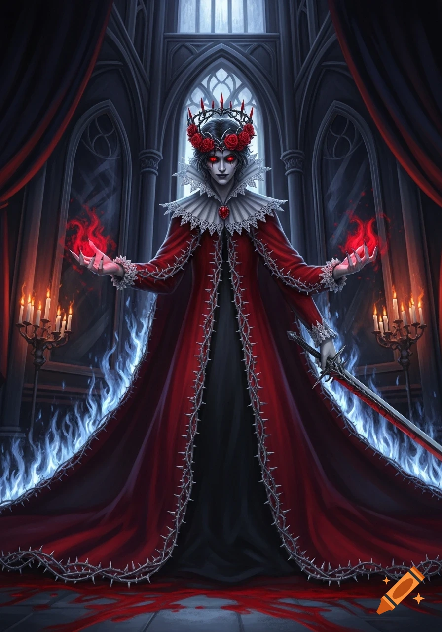 A pale, red-eyed queen in a thorny red and black gown with a rose and spike crown, holding red flames and a sword in a gothic cathedral with blue fire and blood on the floor.
