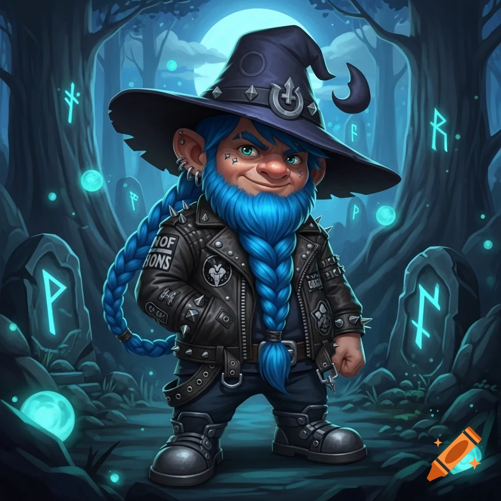 A punk gnome cleric with a long blue braided beard, wearing a studded leather jacket and witch hat, stands in a mystical forest at night.