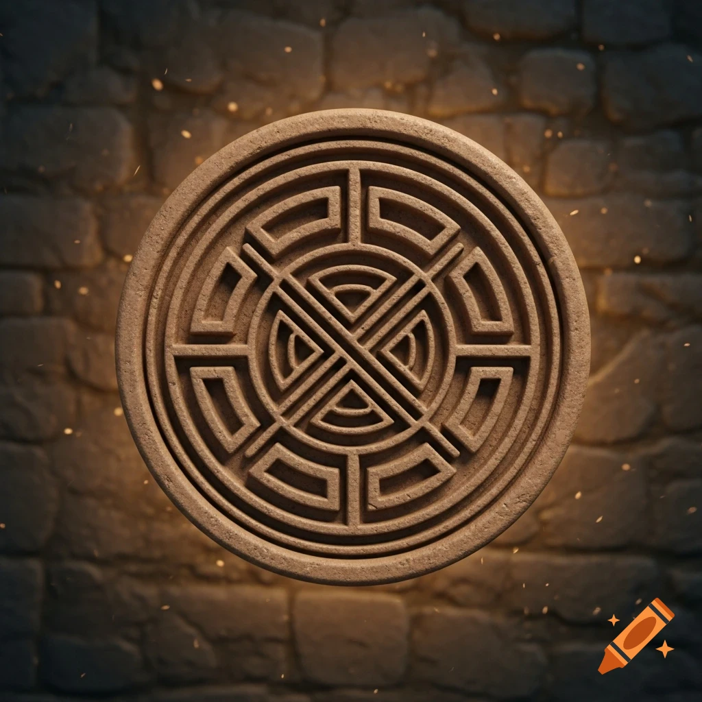 A circular stone seal with an intricate geometric pattern, set against a dark brick wall with glowing particles.