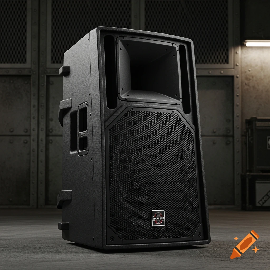 A black, rugged, military-style professional audio speaker with a textured finish and a front grill, standing on a concrete floor in an industrial setting.