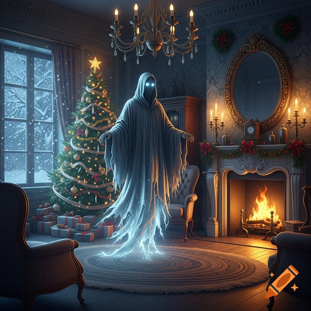 A spectral ghost with glowing eyes floats in an elegant, candlelit living room adorned with a lit Christmas tree, fireplace, and snowy window view.