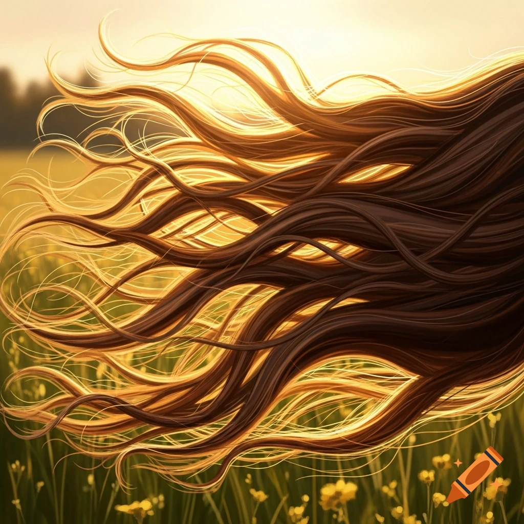 Long, flowing brown hair with golden highlights against a sunlit field of green and yellow flowers, in a stylized art style.