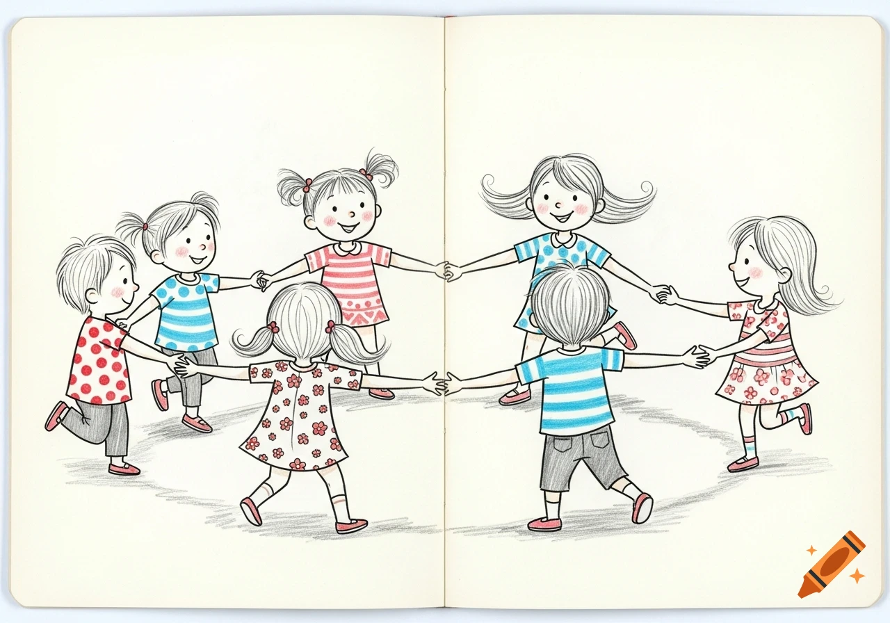 Illustration of six smiling children, three boys and three girls, holding hands in a circle, drawn in a colorful sketch style.