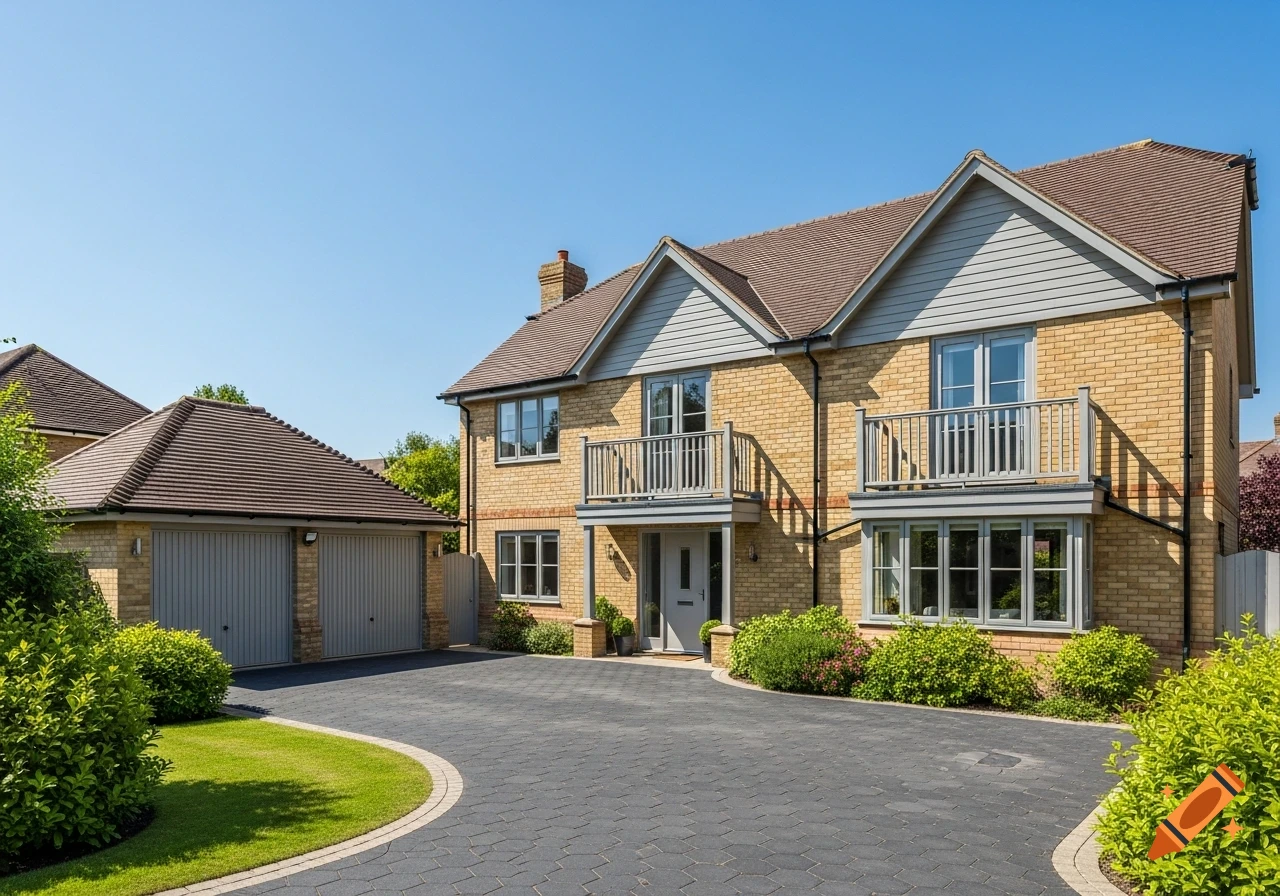 A photorealistic exterior view of a two-story yellow-beige brick house with grey gables and balconies, alongside a matching double garage, on a sunny day.