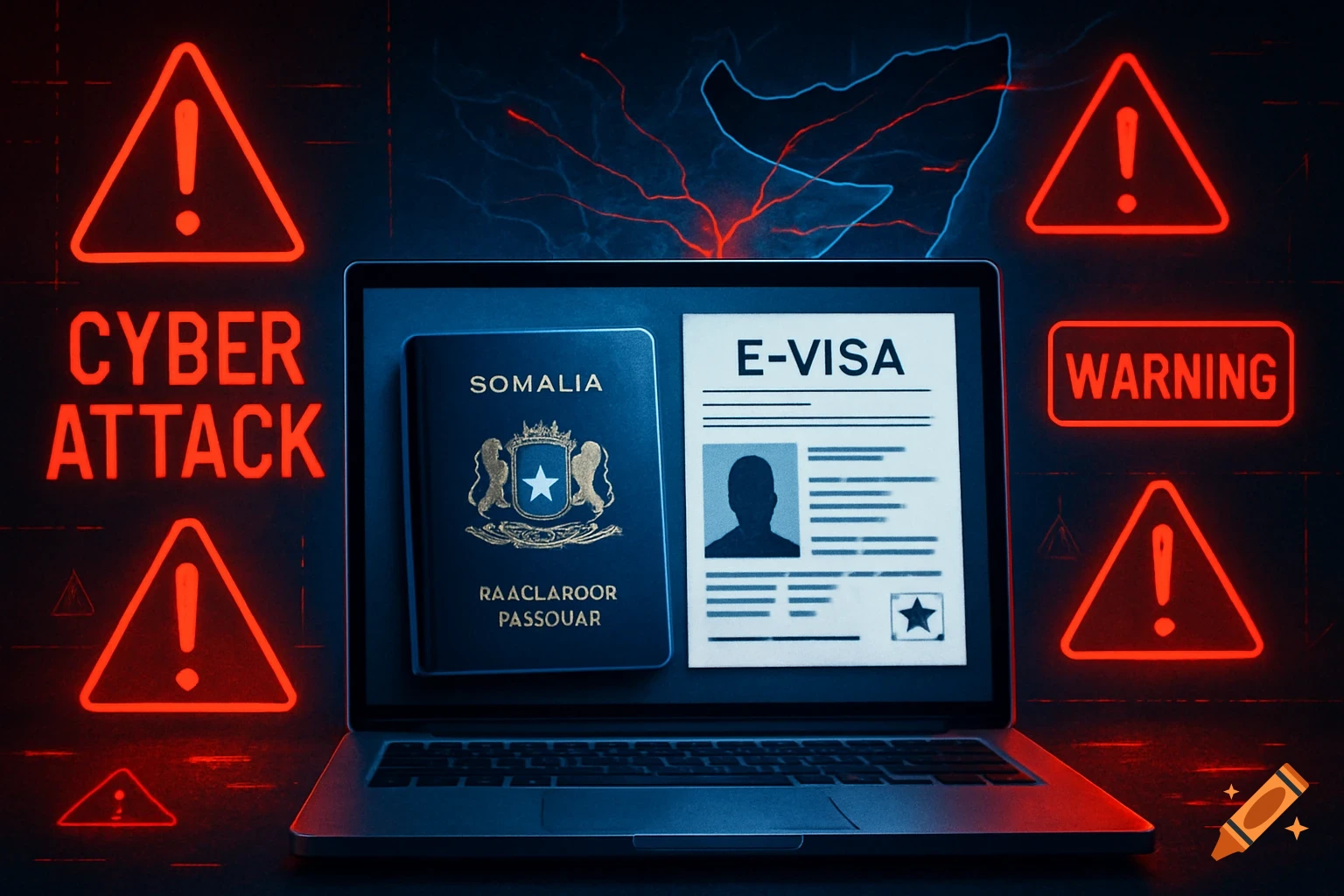 A laptop screen displays a Somali passport and E-Visa document amidst glowing red warning signs and "CYBER ATTACK" text, depicting a digital system being hacked in a news graphic style.