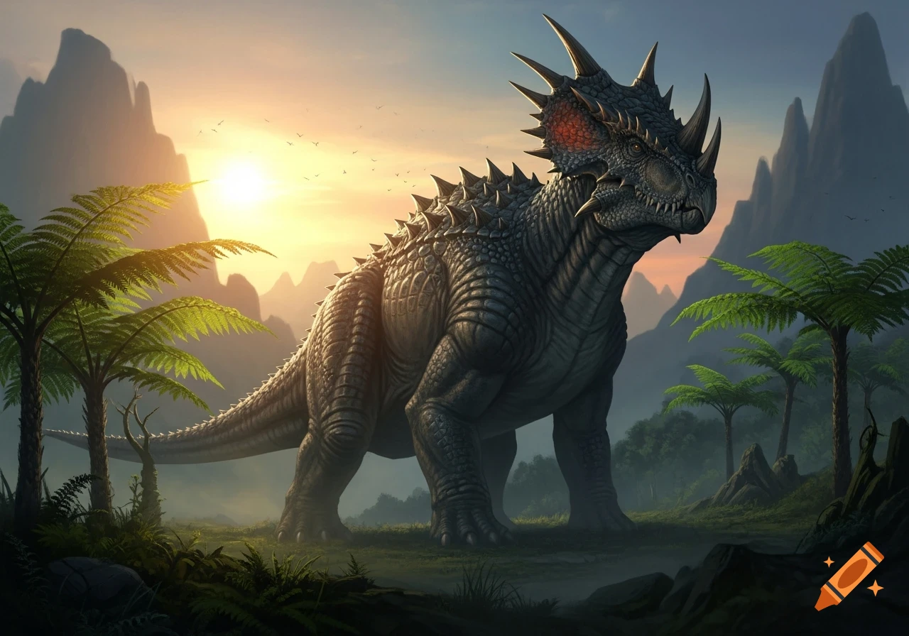 A large, spiky dinosaur stands in a misty prehistoric landscape at sunset, surrounded by ferns and mountains.