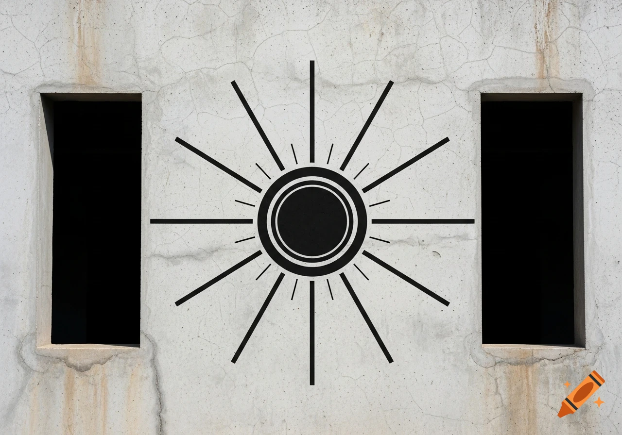A black, minimalist, geometric sun mural painted on a weathered gray concrete wall between two dark rectangular openings.