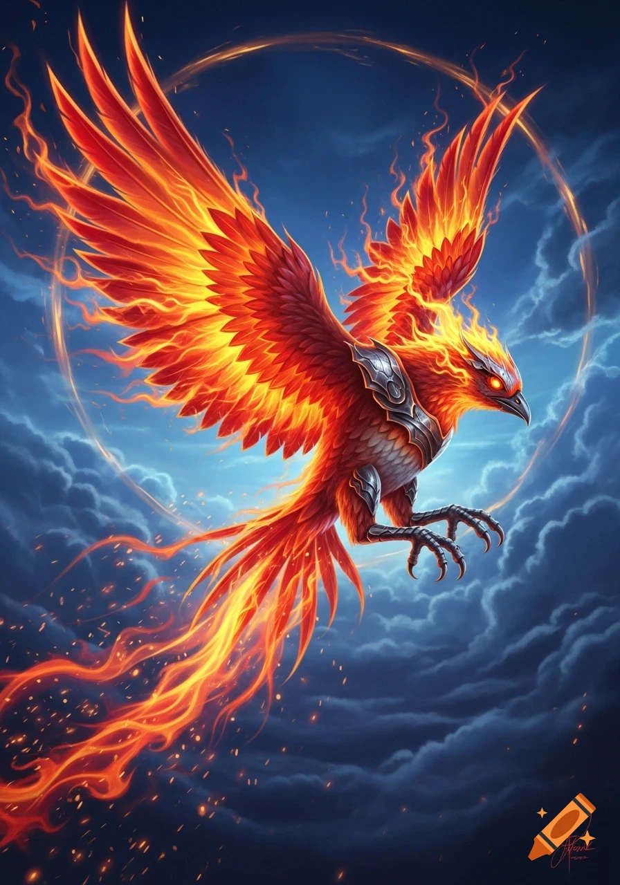 A vibrant, fiery phoenix with outstretched wings and sharp talons soars through a cloudy blue sky with a golden ring.