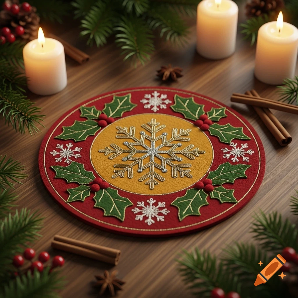 A festive red and gold felt coaster with a snowflake design, surrounded by pine, candles, and spices on a wooden table.
