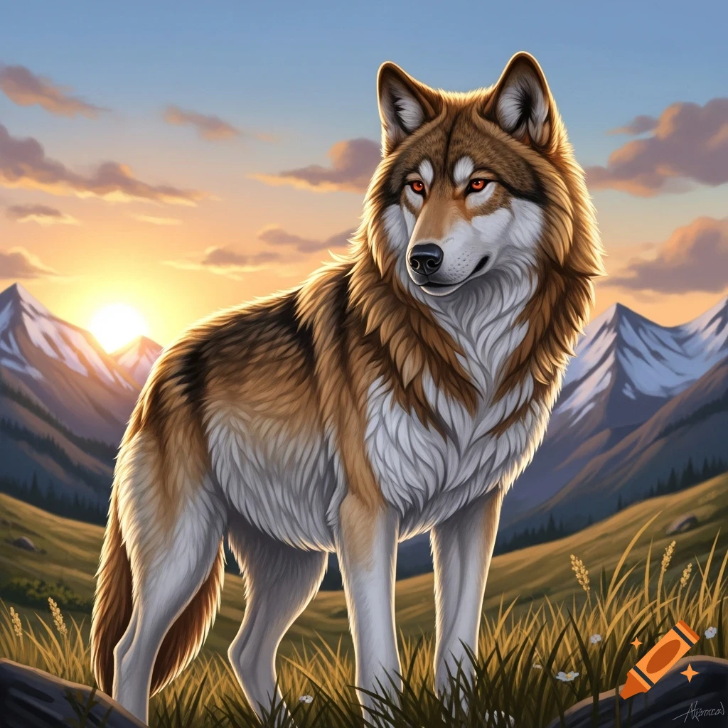 A majestic wheat brown and white wolf with red eyes stands on a grassy hill overlooking mountains at sunset.