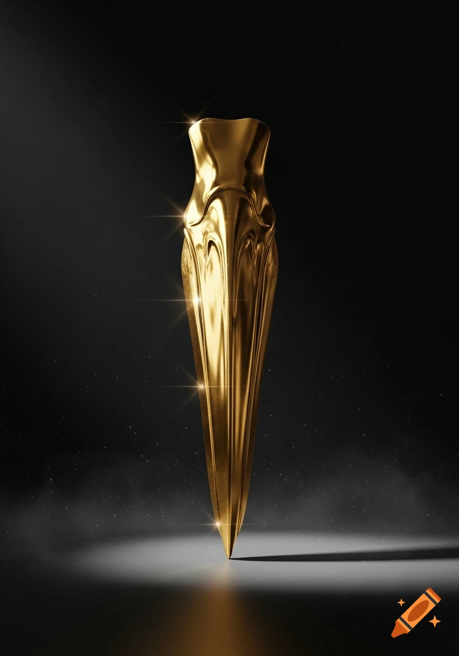 A gleaming golden, abstract sculpture with a beak-like shape on a dark, sparkling background.