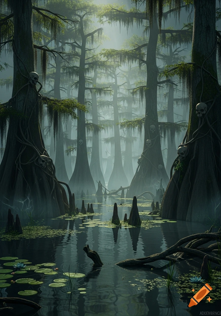 Photorealistic image of a dark, misty swamp with tall trees draped in Spanish moss and human skulls embedded in their trunks, with lily pads floating on the water.