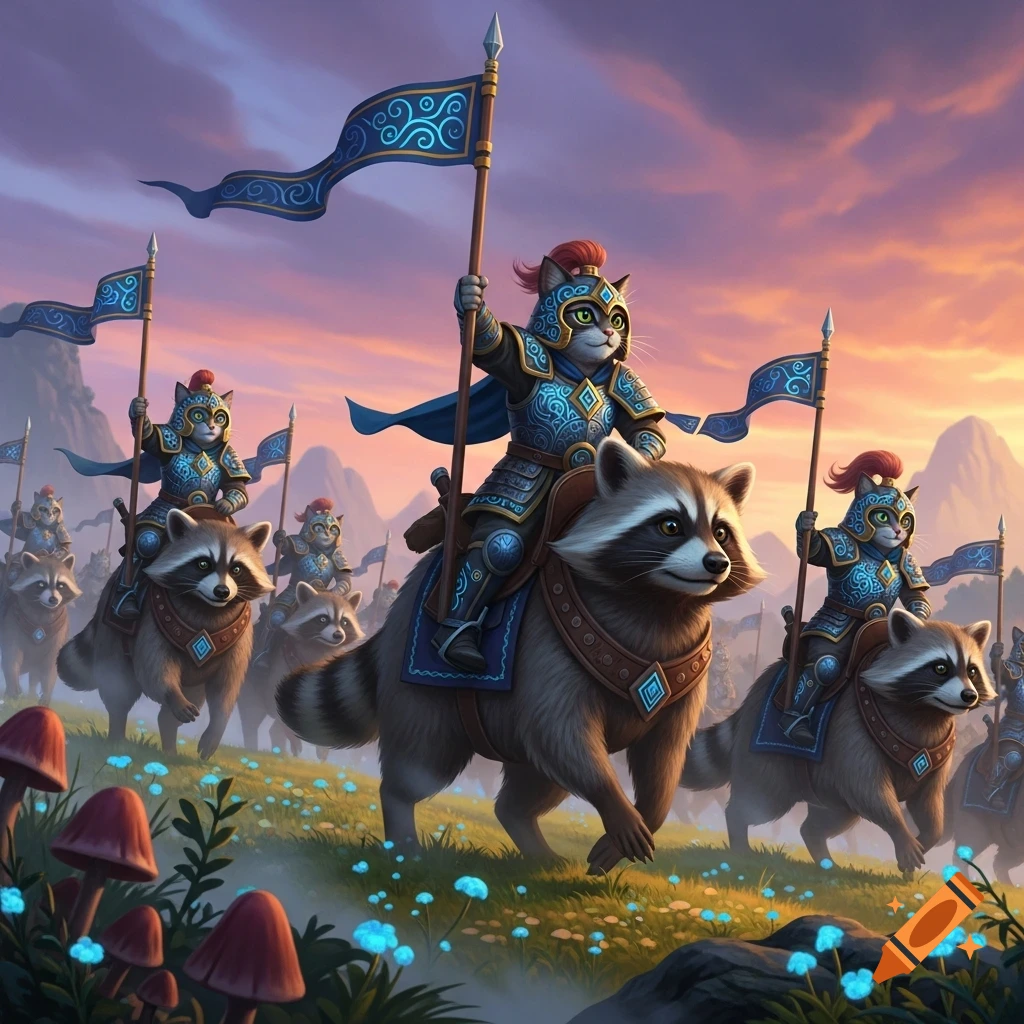 An army of armored cats riding raccoons marches across a grassy field under a vibrant sunset sky, holding flags.