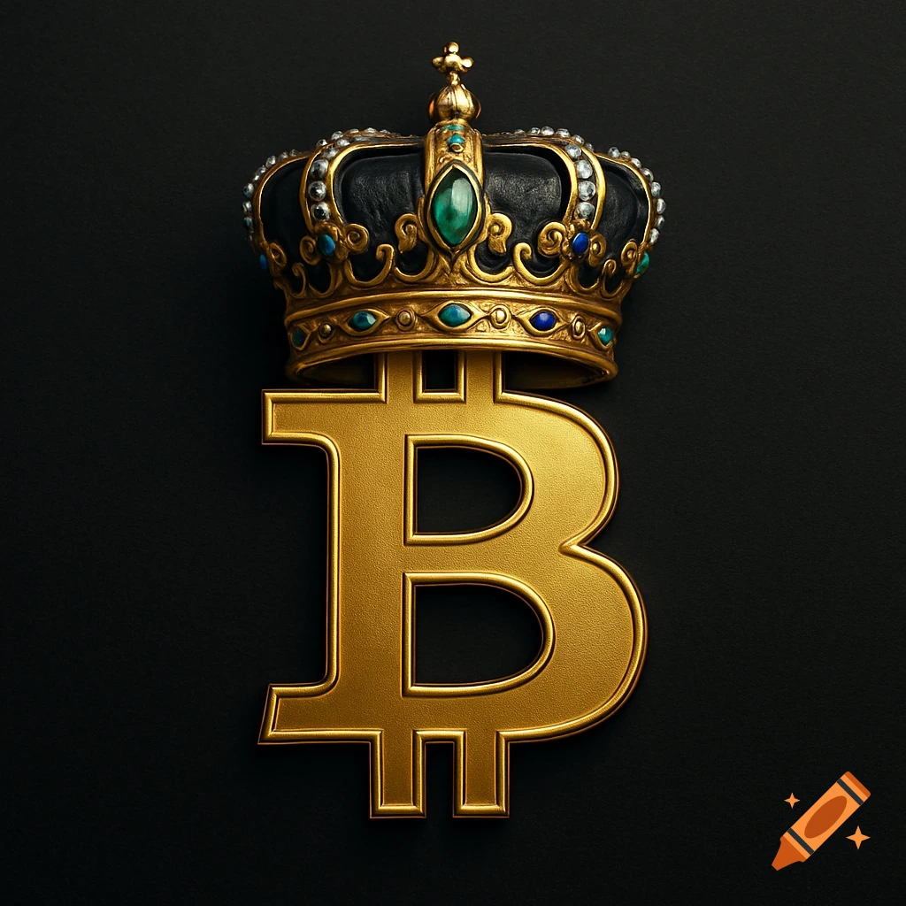 A luxurious golden Bitcoin logo is topped with an ornate gold and jewel-encrusted crown, set against a dark background.