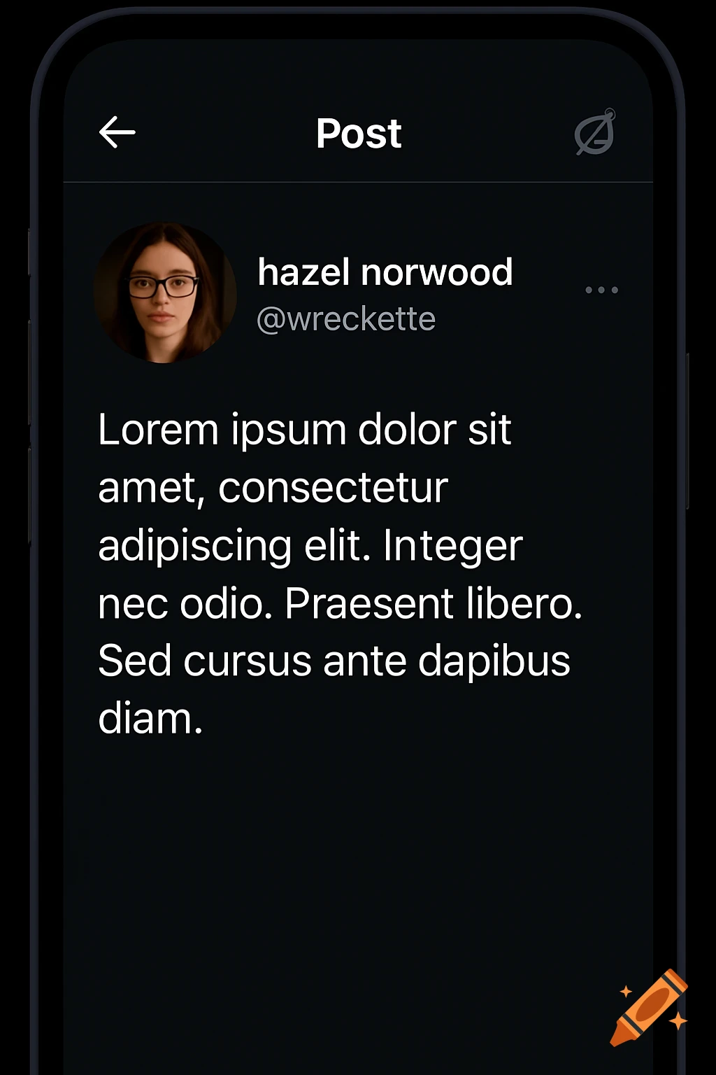 A screenshot of a dark mode social media post featuring a woman's profile picture, 'hazel norwood' as the user, and placeholder text.