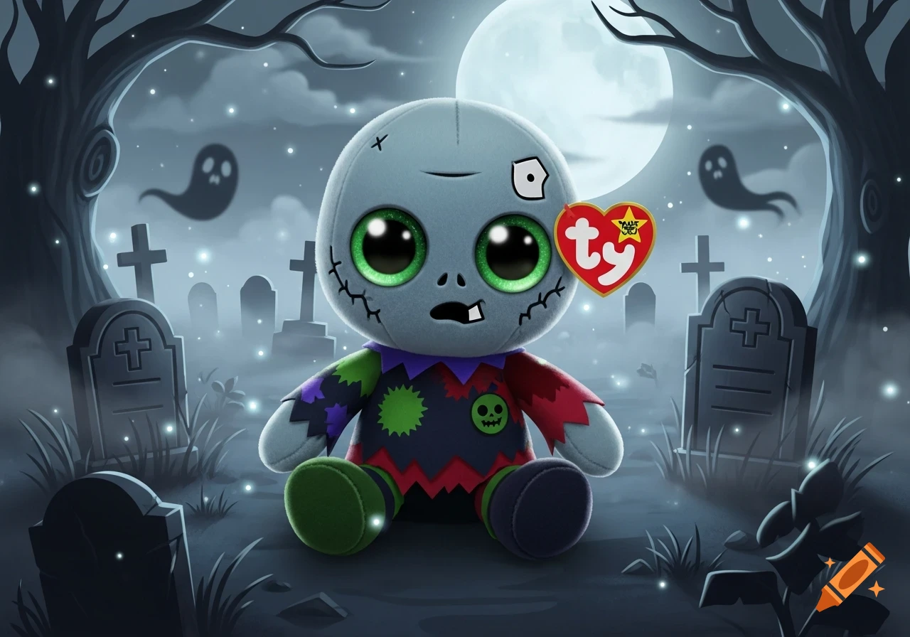 A cartoon zombie plush toy with big green eyes sits in a spooky graveyard at night under a full moon, with ghosts and gravestones.