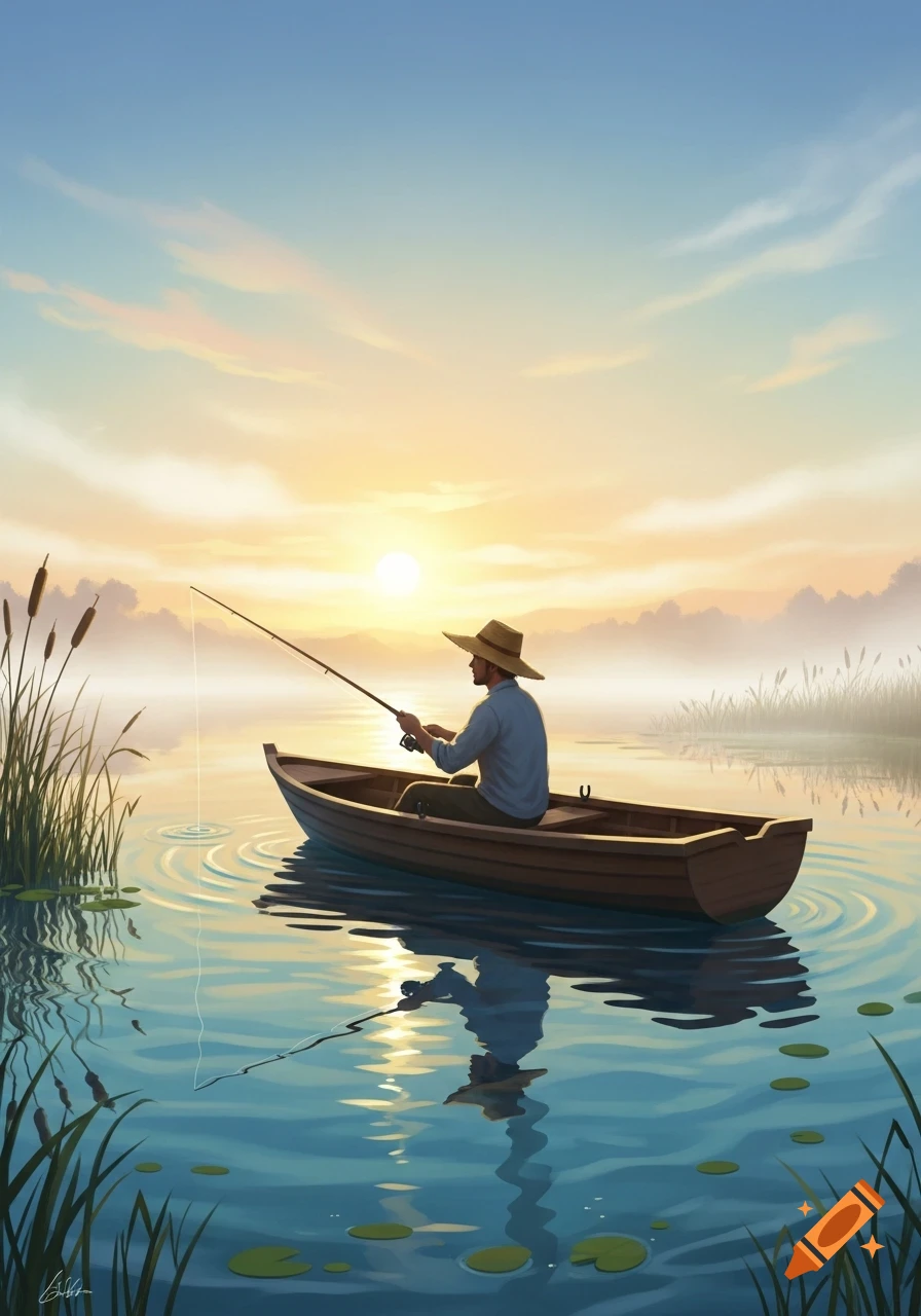 A man in a hat fishes from a small boat on a calm lake at sunrise with mist, in a painterly style.